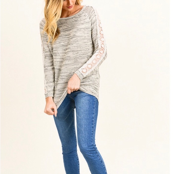 Gray & Taupe Boho Lace Floral Arm Sweater - Picture 2 of 8